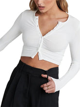 Spring Autumn Slim Knitwear Solid Color Long Sleeve V-neck Single Breasted Exposed Navel Cardigans Tee